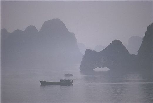 越南,下龙湾,船,薄雾