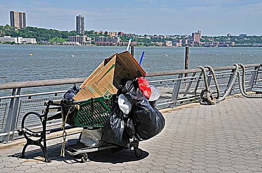 无家可归,人,购物车,哈得逊河,曼哈顿,纽约,美国,北美