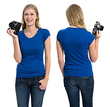 女性,留白,蓝衬衫,照相机