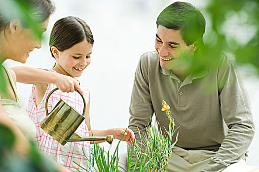 女孩,浇水,植物,父母,看,微笑