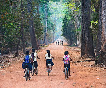 孩子,乘,自行车,道路,学校,吴哥,考古,公园,收获,省,柬埔寨,亚洲