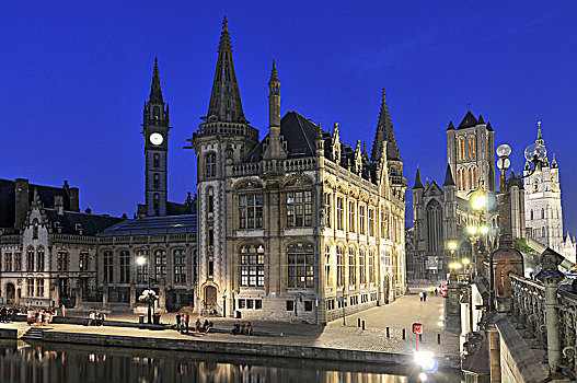 西部,建筑,柱子,宫殿,运河,晚间,街道,根特,比利时