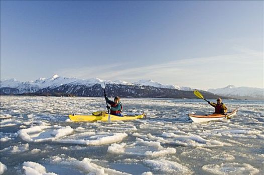 女人,海上皮划艇,浮冰,卡契马克湾,靠近,本垒打,肯奈半岛,阿拉斯加,冬天
