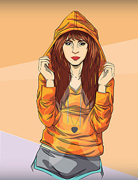 插画,时尚,少女,橙色,兜帽,外套,彩色背景