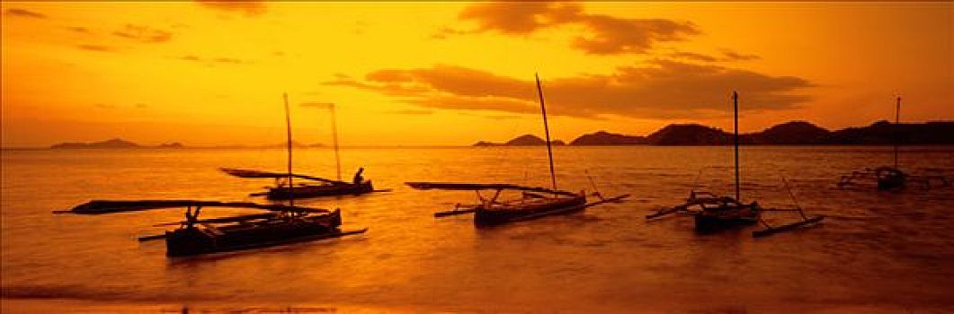 印度尼西亚,日落,海滩,渔船,前景,条纹状