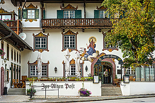 酒店,柱子,壁画,韦尔登费尔斯,上巴伐利亚,巴伐利亚,德国,欧洲