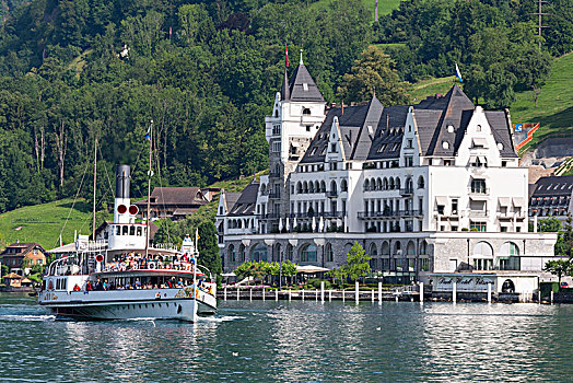 乘,桨轮船,琉森湖,卢塞恩市,瑞士