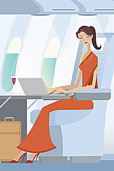 职业女性,工作,笔记本电脑,飞机
