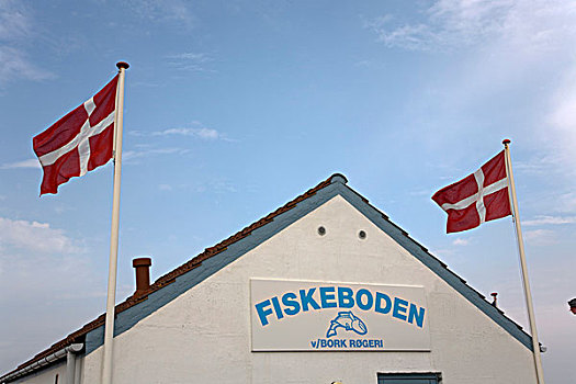 丹麦,旗帜,小,鱼店,峡湾,西部,日德兰半岛,欧洲