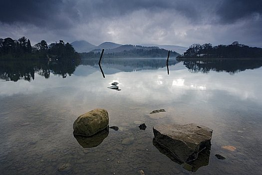 英格兰,坎布里亚,层次,薄雾,高处,湖,早晨,白天,过滤,阴天