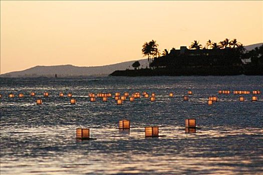 夏威夷,瓦胡岛,檀香山,日式灯笼,漂浮,日落,纪念日