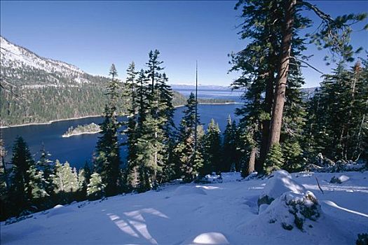 俯拍,翡翠湾,冬天,太浩湖,加利福尼亚,美国