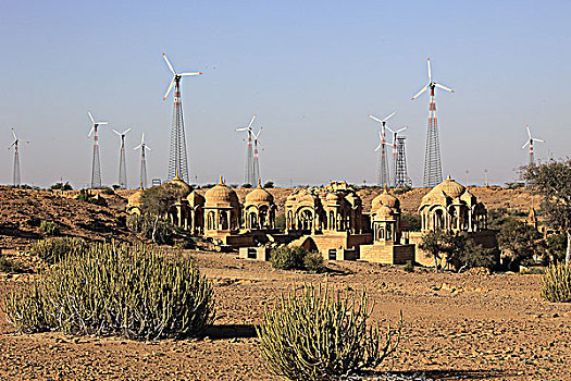 印度,拉贾斯坦邦,塔尔沙漠,墓葬碑,风轮机,发电机