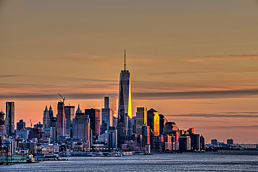 日落,上方,下曼哈顿,世界,交易,中心,纽约,美国