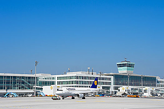 汉莎航空公司,空中客车,塔,卫星,航站楼,离开,大门,慕尼黑机场,巴伐利亚,德国,欧洲
