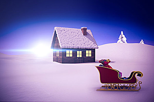 合成效果,图像,红色,金色,圣诞老人,雪撬,雪景,冷杉