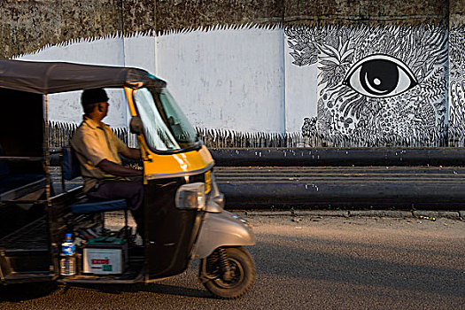 人力车,驾驶员,看,涂鸦,墙壁,高知,国际,艺术,展示,当代艺术,喀拉拉,印度,亚洲