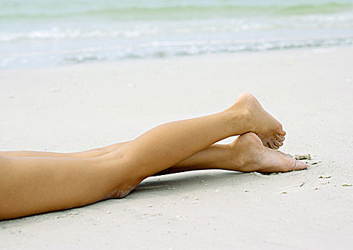 女人,躺着,沙子,风景,腿