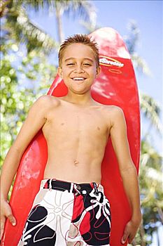 男孩,微笑,鲜明,红色,冲浪板