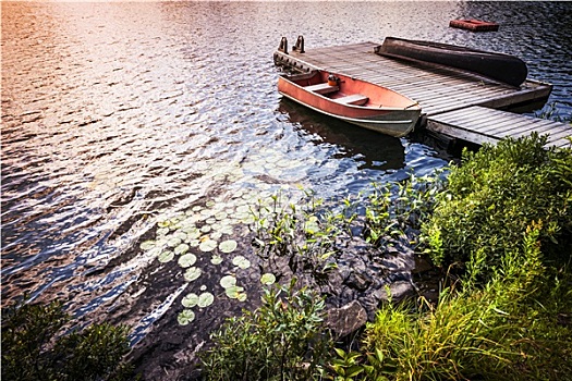 划桨船,湖,岸边,日出