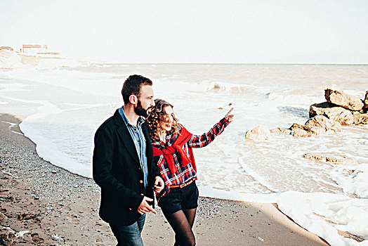 浪漫,中年,夫妻,指向,海滩,敖德萨,乌克兰
