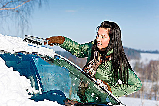 冬天,汽车,女人,雪,挡风玻璃,刷