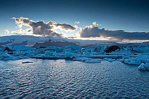 傍晚,太阳,后面,云,冰河,泻湖,杰古沙龙湖,南方,区域,冰岛,欧洲