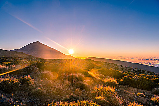 日落,发光,阴天,火山,风景,逆光,国家公园,特内里费岛,加纳利群岛,西班牙,欧洲