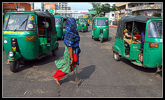 残障,女人,请求,乘客,交通工具,停止,交通信号,市场,孟加拉,十月,2006年