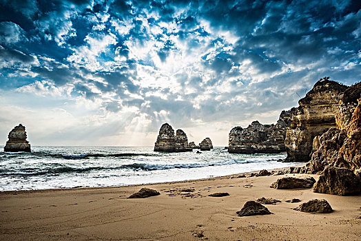 岩石海岸,海滩,红岩,拉各斯,阿尔加维,葡萄牙,欧洲