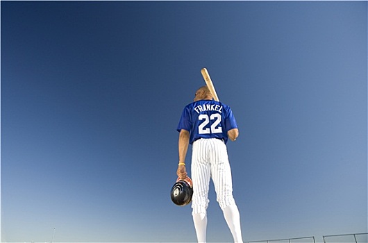 棒球手,站立,清晰,蓝天,球棒,肩上,后视图,仰视