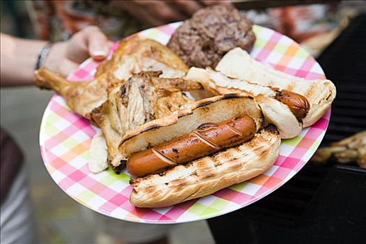 人,拿着,盘子,烤肉食品