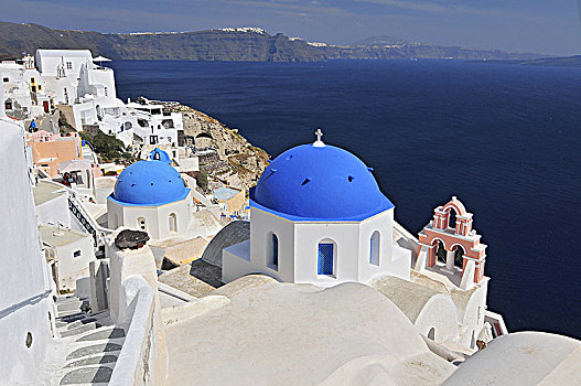 希腊,白色,教堂,蓝色,圆顶,远眺,海洋,锡拉岛,基克拉迪群岛