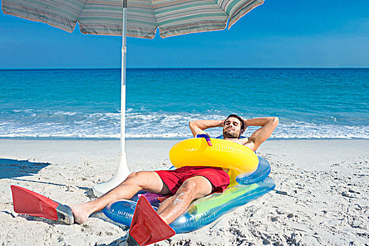 男人,躺着,海滩,脚蹼,橡皮圈,晴天