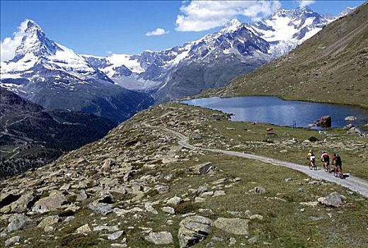 山地自行车,湖,山,马塔角,策马特峰,沃利斯,瑞士,欧洲