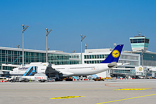 汉莎航空公司,空中客车,塔,卫星,航站楼,慕尼黑,机场,巴伐利亚,德国,欧洲