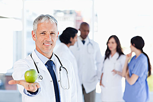 微笑,博士,拿着,青苹果,右边,手