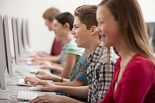 多,年轻人,男孩,女孩,学生,电脑课,工作,显示屏