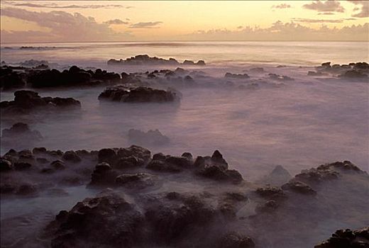 夏威夷,莫洛凯岛,海滩,火山岩,石头,雾状,层次,上方,苍白,日出,水