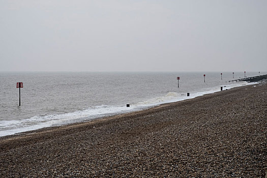 风景,砾滩,排,淹没,金属,杆,海洋