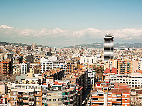 俯视图,屋顶,城市,蒙特足斯,山,巴塞罗那,西班牙