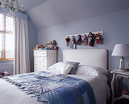 乡村风格,蓝色,卧室,软垫,床头板,拼合,遮盖