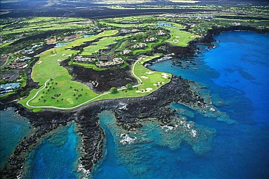 夏威夷,夏威夷大岛,柯哈拉海岸,瓦克拉,胜地,高尔夫球场,航拍