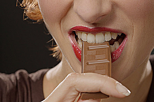 女人,吃,巧克力,特写,嘴