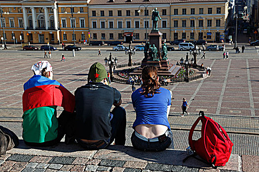 芬兰,赫尔辛基,参议院,广场,游客,坐,台阶,大教堂
