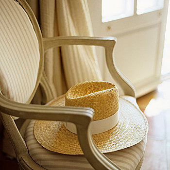 草帽,白色,带,软垫,椅子,条纹,遮盖
