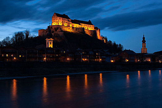 城堡,黄昏,上巴伐利亚,巴伐利亚,德国,欧洲