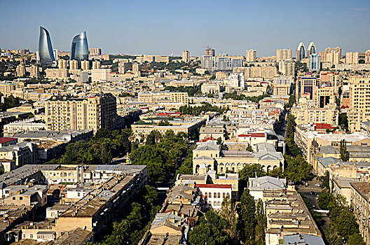 阿塞拜疆,巴库,全视图,城市,火焰,塔