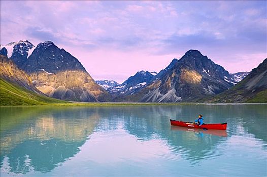 女人,独木舟,便携,青绿色,湖,国家公园,阿拉斯加,夏天
