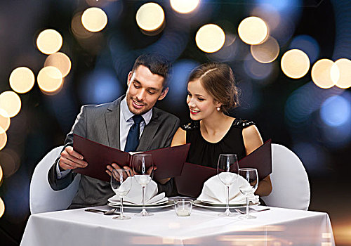餐馆,情侣,假日,概念,微笑,菜单